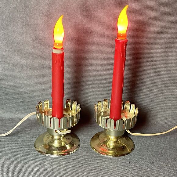 Vntg 2 Electric Christmas Candle Hurricane Lamps Tapered-Works-Tested-No Glass - Picture 2 of 12